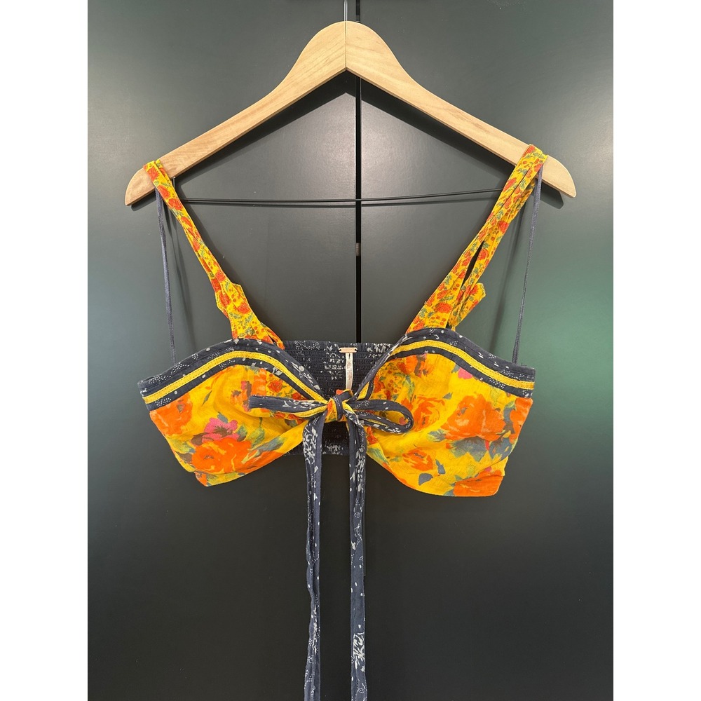 Free People Floral Smocked‎ Bralette Crop Top Yellow Navy OB1999172 Size 12